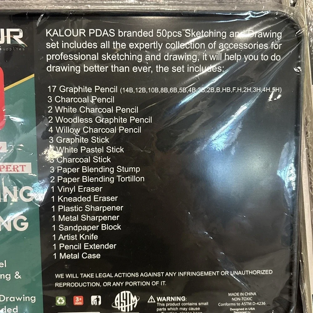 Kalour 50 Piece Sketching‎ Set in Metal Box w/2 Sketch Books NEW